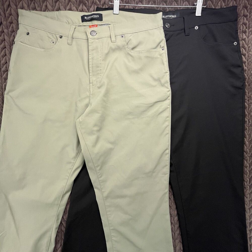 Bluffworks Ascender Lot of 2 Pants Mens 34x28 Black Tan Performance Stretch Golf
